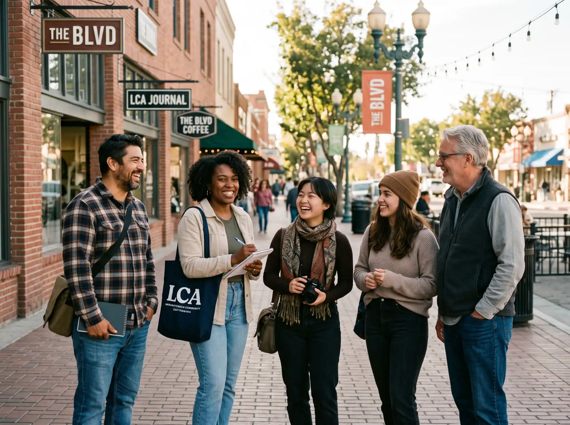 A warm, candid photograph of a diverse team of local writers, journalists, or community advocates standing together on The BLVD in Downtown Lancaster